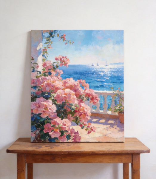 Terrace Blooms and Distant Sails, Original Landscape Paintings, Small Canvas Wall Art Paintings, Original Oil Paintings, Hand Painted Canvas Art-ArtWorkCrafts.com