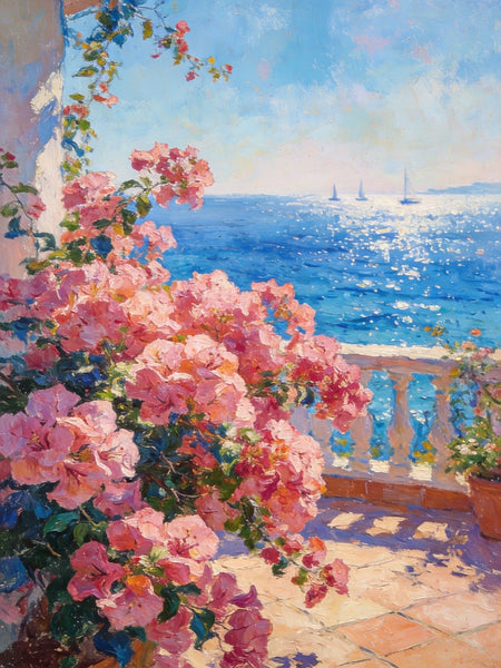 Terrace Blooms and Distant Sails, Original Landscape Paintings, Small Canvas Wall Art Paintings, Original Oil Paintings, Hand Painted Canvas Art-ArtWorkCrafts.com