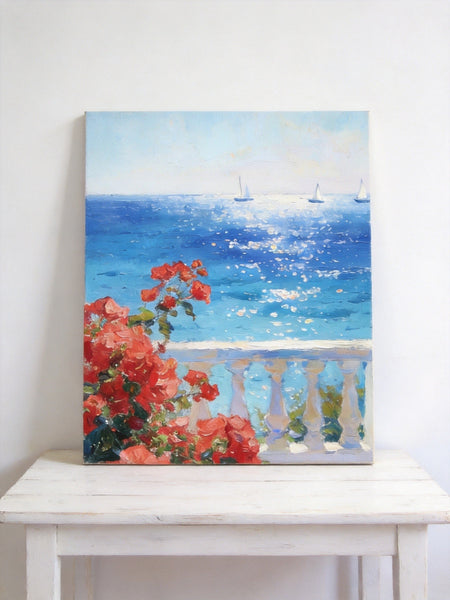 Tranquil Noon at the Coastal Bougainvillea Nook, Hand Painted Canvas Art, Original Landscape Paintings, Small Canvas Wall Art Paintings, Original Oil Paintings-ArtWorkCrafts.com