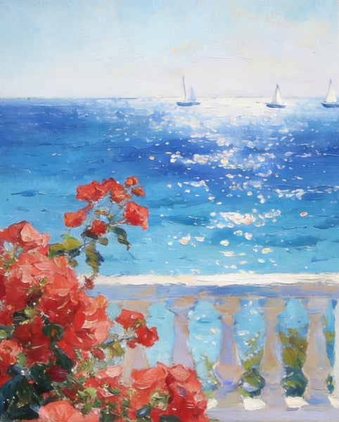 Tranquil Noon at the Coastal Bougainvillea Nook, Hand Painted Canvas Art, Original Landscape Paintings, Small Canvas Wall Art Paintings, Original Oil Paintings-ArtWorkCrafts.com