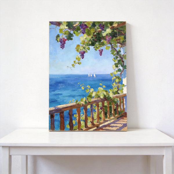 Original Landscape Paintings, Seaside Terrace Under the Grape Canopy, Hand Painted Canvas Art, Small Canvas Wall Art Paintings, Original Oil Paintings-ArtWorkCrafts.com