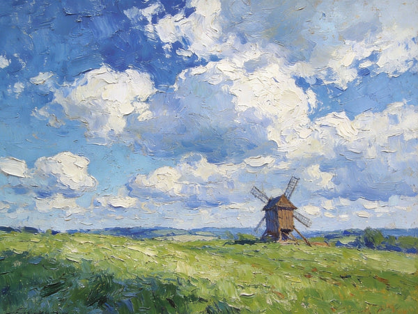 Small Wall Paintings, Windmill on the Vast Meadow, Landscape Artwork Canvas Paintings, On Canvas Small Paintings, Hand Painted Canvas Art, Original Landscape Paintings-ArtWorkCrafts.com