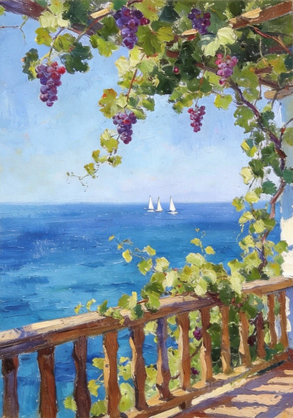 Original Landscape Paintings, Seaside Terrace Under the Grape Canopy, Hand Painted Canvas Art, Small Canvas Wall Art Paintings, Original Oil Paintings-ArtWorkCrafts.com