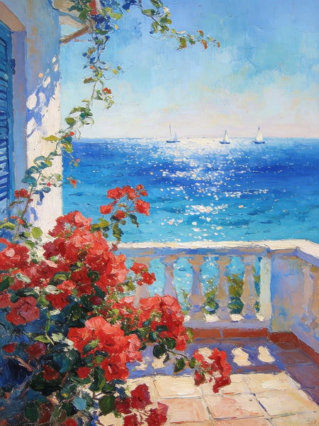 Original Landscape Paintings, Summer Glow on the Flowered Balcony, Small Canvas Wall Art Paintings, Original Oil Paintings, Hand Painted Canvas Art-ArtWorkCrafts.com
