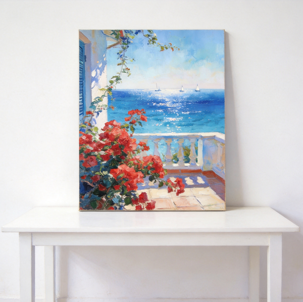 Original Landscape Paintings, Summer Glow on the Flowered Balcony, Small Canvas Wall Art Paintings, Original Oil Paintings, Hand Painted Canvas Art-ArtWorkCrafts.com