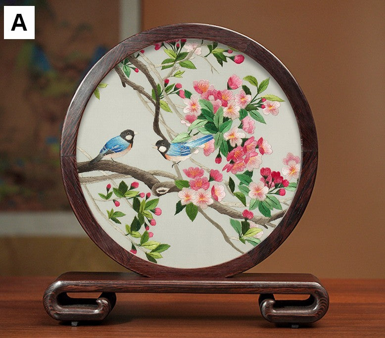 Traditional Chinese Suzhou Silk Embroidered Ornament, Premium Souvenir, Exclusive Business Presents, Creative Birthday Gift, Flower and Birds Embroidery Ornaments-ArtWorkCrafts.com