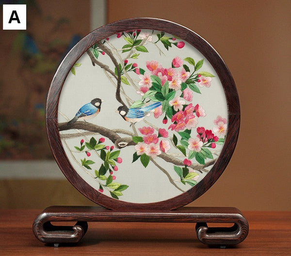 Traditional Chinese Suzhou Silk Embroidered Ornament, Premium Souvenir, Exclusive Business Presents, Creative Birthday Gift, Flower and Birds Embroidery Ornaments-ArtWorkCrafts.com