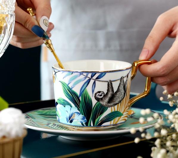 Elegant Porcelain Coffee Cups, Coffee Cups with Gold Trim and Gift Box, 7.4 oz Tea Cup and Saucer, Jungle Animal Porcelain Coffee Cups-ArtWorkCrafts.com
