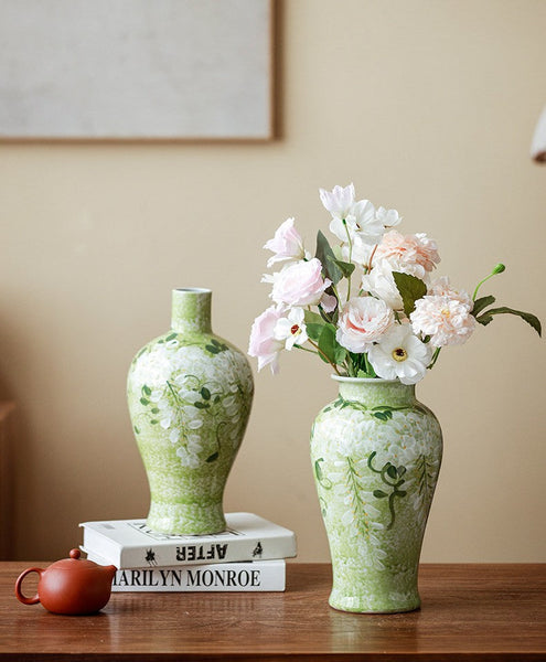 Centerpiece Ceramic Bud Vases, Large Flower Vases on Table, Green Porcelain Flower Vases, Handmade Water Holding Flower Vase-ArtWorkCrafts.com