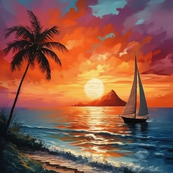 Simple Small Canvas Paintings, Original Small Landscape Paintings, Hawaii Seashore Beach Palm Tree Sunset Painting, Heavy Texture Acrylic Artwork, Easy Landscape Painting Ideas-ArtWorkCrafts.com