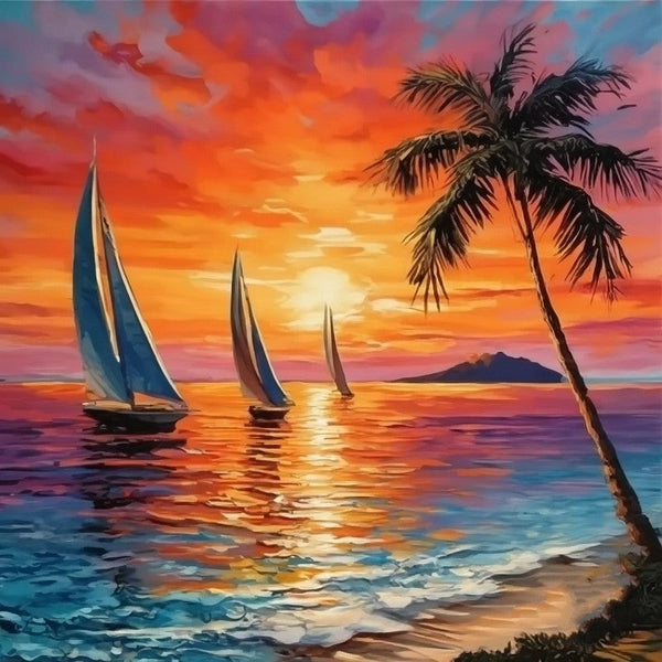 Original Small Landscape Paintings, Hawaii Seashore Sail Boat Palm Tree Painting, Beach Sunset Painting, Heavy Texture Acrylic Artwork, Easy Landscape Painting Ideas, Simple Small Canvas Paintings-ArtWorkCrafts.com