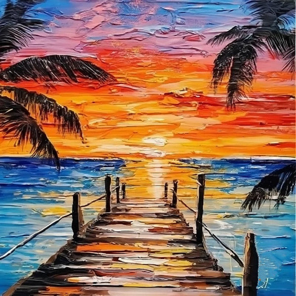 Original Small Landscape Paintings, Hawaii Seashore Palm Tree Painting, Easy Landscape Painting Ideas, Simple Small Canvas Paintings, Beach Sunset Painting, Heavy Texture Acrylic Artwork-ArtWorkCrafts.com