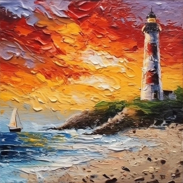 Small Hand Painted Art, Seashore Lighthouse Sunset Painting, Heavy Texture Canvas Artwork, Easy Landscape Painting Ideas, Simple Small Canvas Paintings-ArtWorkCrafts.com