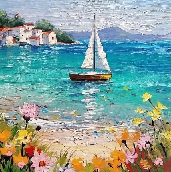 Small Hand Painted Canvas Art, Easy Landscape Painting Ideas, Simple Small Canvas Paintings, Sail Boat Seashore Floral Beach Painting, Original Small Landscape Paintings, Heavy Texture Canvas Art-ArtWorkCrafts.com