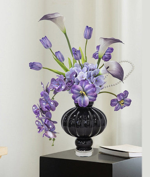 Unique Contemporary Vases for Modern Home Decor, Black Glass Bud Vases, Handmade Liuli Vases, Centerpiece Vases on Table, Black Glaze Vase-ArtWorkCrafts.com