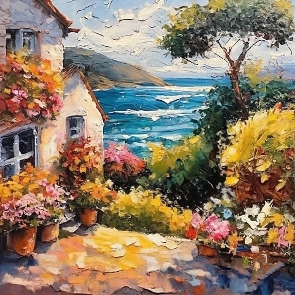 Simple Small Canvas Paintings, Seashore Summer Resort Painting, Original Paintings, Small Landscape Paintings, Heavy Texture Canvas Paintings, Easy Landscape Painting Ideas-ArtWorkCrafts.com