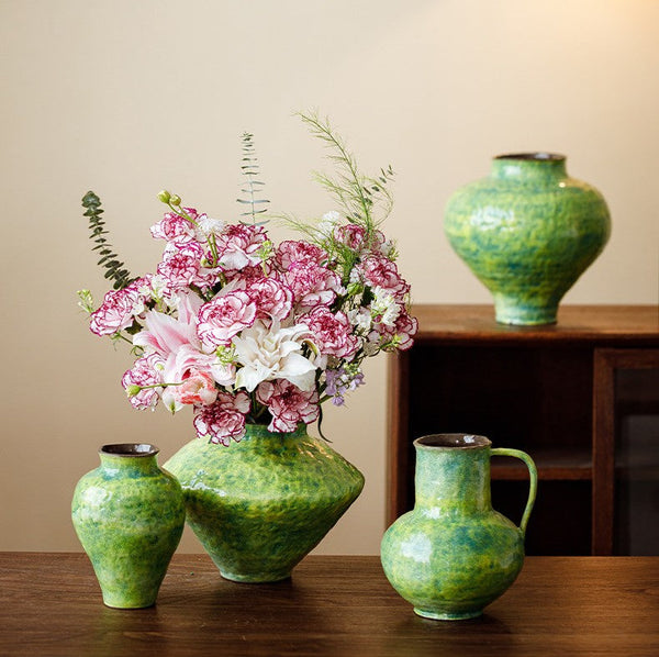 Centerpiece on Dining Table, Modern Pottery Flower Vases, Handmade Water Holding Flower Vases, Pottery Bud Vases, Large Green Flower Vases on Table-ArtWorkCrafts.com