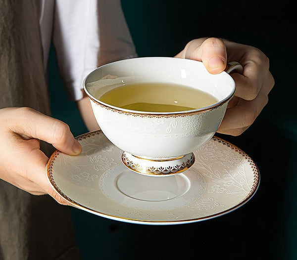 Bone China Porcelain Coffee Cup Set, White Ceramic Cups, Elegant British Ceramic Coffee Cups, Unique Tea Cup and Saucer in Gift Box-ArtWorkCrafts.com