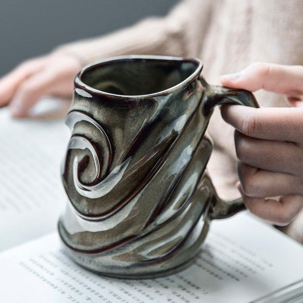 Stoneware Coffee Mugs, Black Ceramic Coffee Mug, Large Capacity Coffee Cups, Birthday Gifts, Handmade Pottery Coffee Mug-ArtWorkCrafts.com