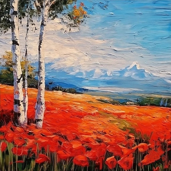 Simple Small Canvas Paintings, Red Poppy Field Birch Tree Landscape Painting, Original Small Landscape Paintings, Heavy Texture Canvas Art, Palette Knife Paintings, Easy Landscape Painting Ideas-ArtWorkCrafts.com