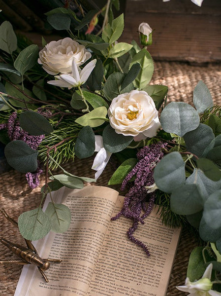 Eucalyptus Globulus, Clematis, White Rose Flowers, Unique Flower Arrangement for Home Decoration, Beautiful Modern Artificial Flowers for Dining Room Table-ArtWorkCrafts.com