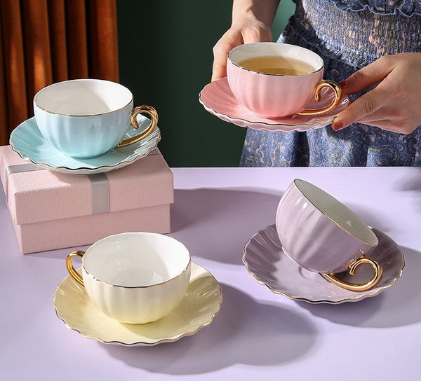 French Style Tea Cup and Saucer in Gift Box as Birthday Gift, Elegant Macaroon Ceramic Coffee Cups, Porcelain Tea Cup Saucer Set of 2 Cups, Beautiful British Tea Cups-ArtWorkCrafts.com