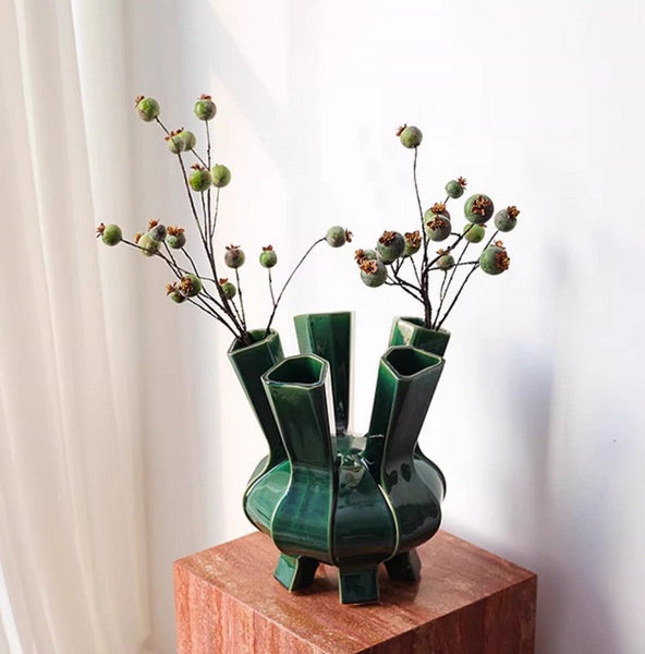 Centerpiece Ceramic Bouquet Vases, Contemporary Vases on Dining Table, Green Porcelain Vases for Modern Home Decor, Unique Handmade Modern Flower Vase-ArtWorkCrafts.com