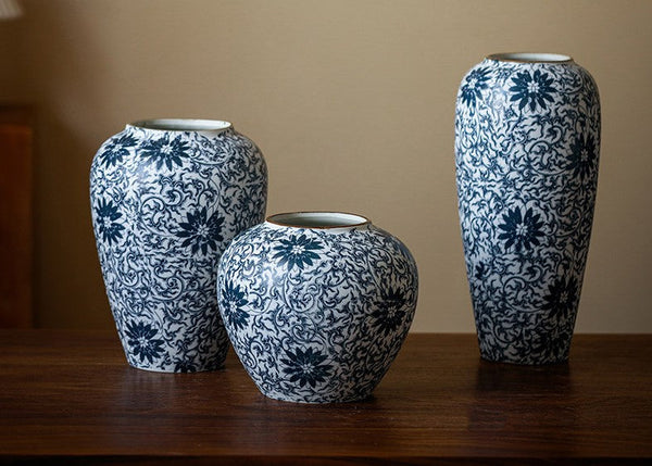 Vintage Bouquet Flower Vases, Centerpiece on Dining Table, Large Blue Flower Vase on Table, Handmade Porcelain Flower Vases Urn, Water Holding Flower Vases-ArtWorkCrafts.com