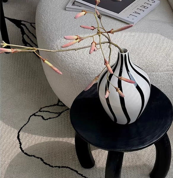 Water Holding Flower Vases, Black and White Striped Ceramic Vase, Porcelain Flower Vases, Modern Flower Vases on Table-ArtWorkCrafts.com