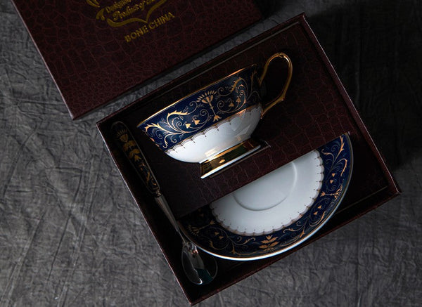 Unique Blue Tea Cup and Saucer in Gift Box, Blue Porcelain Tea Cup Sucer Set, Royal Ceramic Cups, Elegant Ceramic Coffee Cups-ArtWorkCrafts.com
