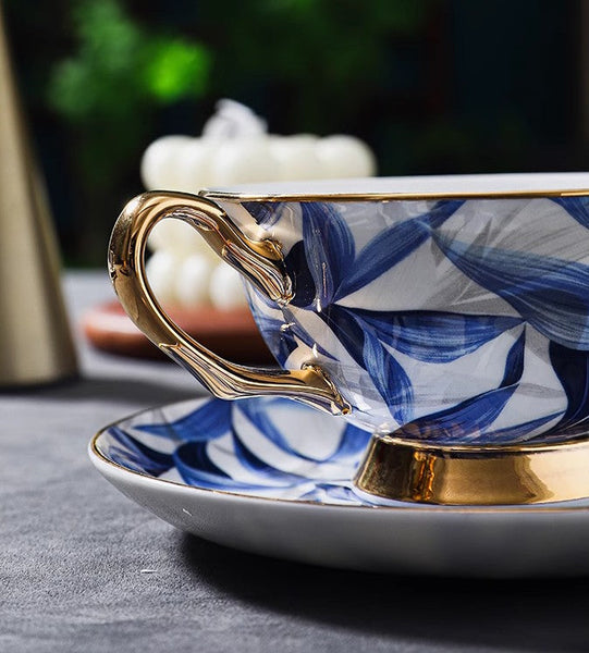 Unique British Tea Cup and Saucer in Gift Box, Blue Porcelain Tea Cup Saucer Set, 7.4 oz British Ceramic Coffee Cups-ArtWorkCrafts.com