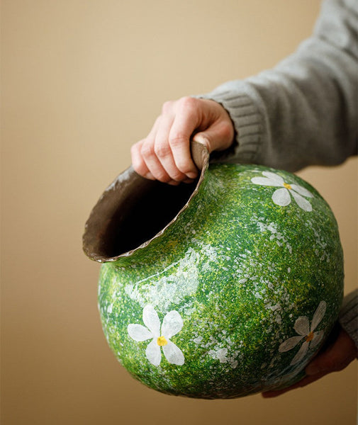 Centerpiece on Dining Table, Handmade Water Holding Flower Vases, Modern Pottery Flower Vases, Pottery Bud Vases, Large Green Flower Vases on Table-ArtWorkCrafts.com