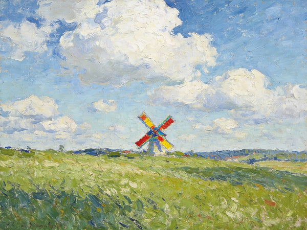 Windmills on the Green Under an Open Sky, Small Oil Paintings on Canvas, Hand Painted Canvas Art,Heavy Texture Artwork, Original Oil Paintings, Small Landscape Paintings-ArtWorkCrafts.com