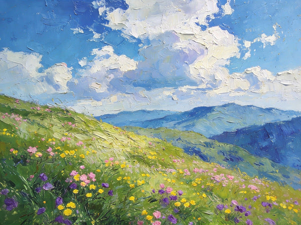 Small Canvas Art, Mountainous Landscape with Blossoming Meadows, Original Wall Paintings, On Canvas Small Paintings, Original Artwork Small Paintings, Small Landscape Paintings-ArtWorkCrafts.com