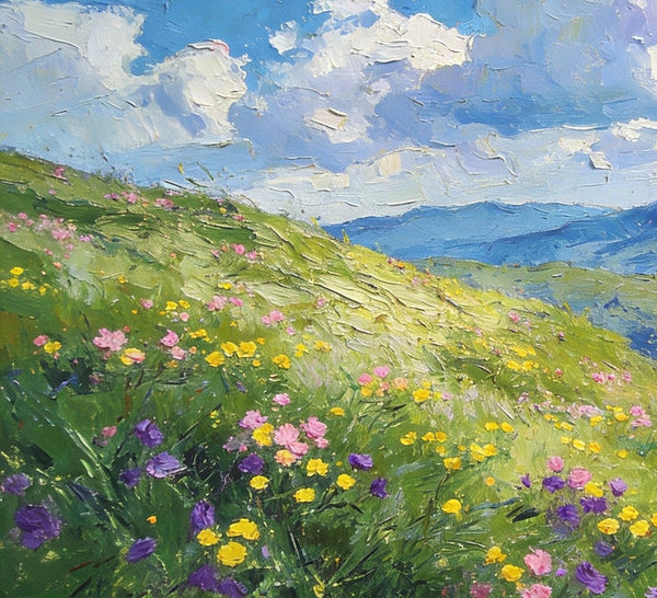 Small Canvas Art, Mountainous Landscape with Blossoming Meadows, Original Wall Paintings, On Canvas Small Paintings, Original Artwork Small Paintings, Small Landscape Paintings-ArtWorkCrafts.com