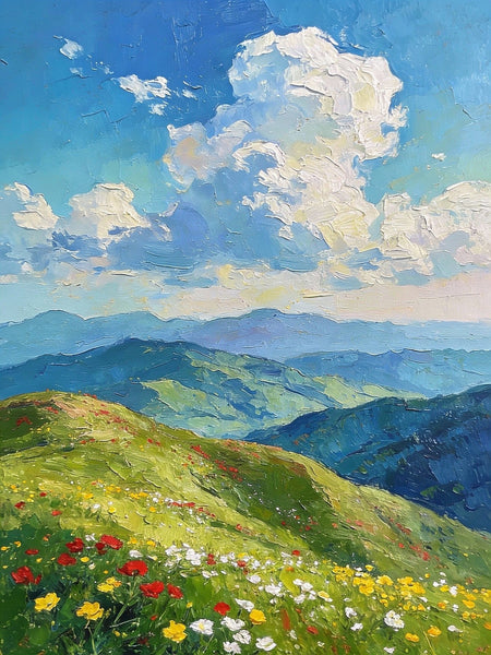 Original Small Paintings, A Flowering Hillside Under an Azure Sky, Small Oil Paintings, Small Wall Paintings, Landscape Artwork Canvas Paintings-ArtWorkCrafts.com