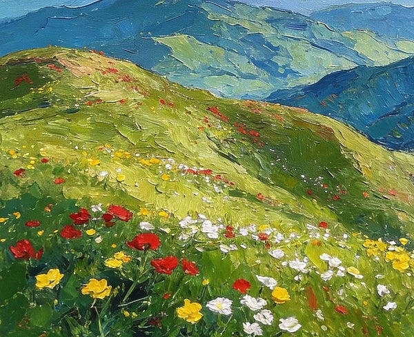 Original Small Paintings, A Flowering Hillside Under an Azure Sky, Small Oil Paintings, Small Wall Paintings, Landscape Artwork Canvas Paintings-ArtWorkCrafts.com