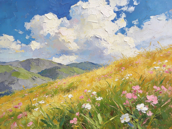 Hand Painted Canvas Art, A Verdant Hillside Under a Vast Blue Sky, Original Wall Paintings, Original Artwork Small Paintings, Small Landscape Paintings, On Canvas Small Wall Paintings-ArtWorkCrafts.com