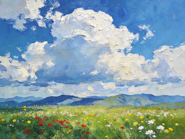 Wildflower Hills and Azure Sky, Hand Painted Canvas Art, Heavy Texture Wall Art Paintings, On Canvas Small Paintings, Original Oil Paintings, Small Landscape Paintings-ArtWorkCrafts.com