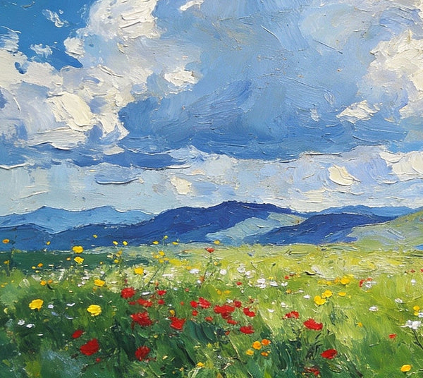 Wildflower Hills and Azure Sky, Hand Painted Canvas Art, Heavy Texture Wall Art Paintings, On Canvas Small Paintings, Original Oil Paintings, Small Landscape Paintings-ArtWorkCrafts.com
