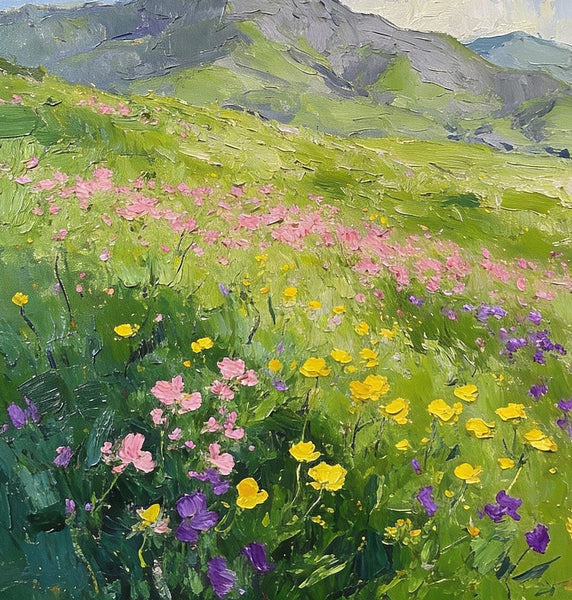 Small Oil Paintings, Mountain Meadow in Bloom, A Lush Floral Landscape, Original Small Paintings, Landscape Artwork Small Paintings, Small Wall Paintings-ArtWorkCrafts.com