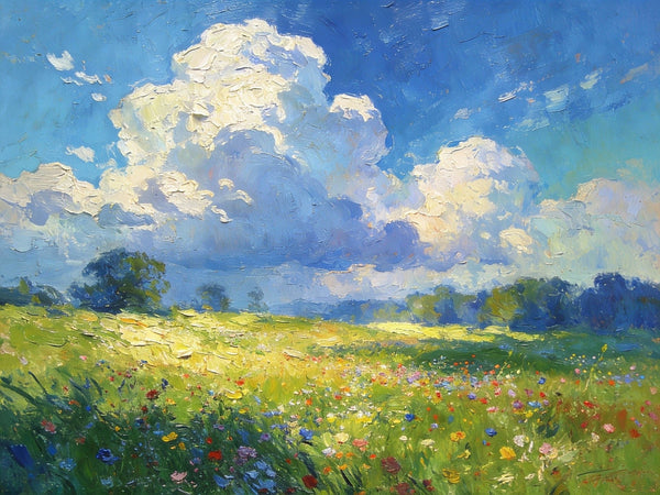 Valley in Bloom, Sunlight, Clouds, and Colorful Flora, Small Oil Paintings on Canvas, Hand Painted Canvas Art, Heavy Texture Oil Paintings, Original Artwork Small Paintings, Small Wall Paintings-ArtWorkCrafts.com