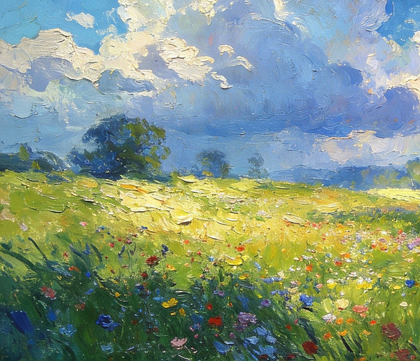 Valley in Bloom, Sunlight, Clouds, and Colorful Flora, Small Oil Paintings on Canvas, Hand Painted Canvas Art, Heavy Texture Oil Paintings, Original Artwork Small Paintings, Small Wall Paintings-ArtWorkCrafts.com