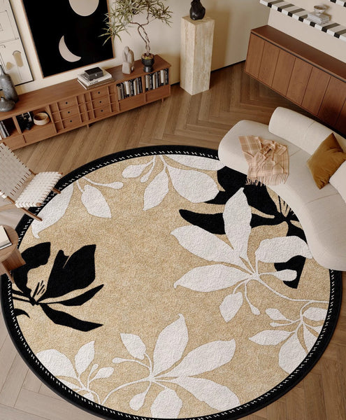Contemporary Modern Rugs, Flower Pattern Circular Modern Rugs under Chairs, Geometric Round Rugs for Dining Room, Bedroom Abstract Modern Area Rugs-ArtWorkCrafts.com