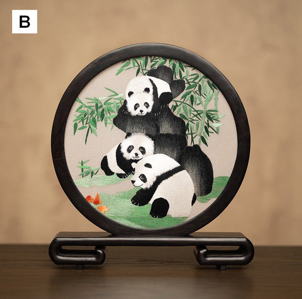Unique Birthday Gift, Exclusive Business Present Panda Embroidered Decor, Traditional Chinese Suzhou Embroidery Ornament, Premium Souvenir-ArtWorkCrafts.com