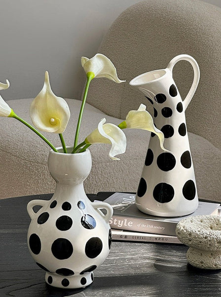 Ceramic Bud Vases, Small Flower Vases on Table, Black and White Polka Dot Flower Vase, Modern Porcelain Flower Vases, Handmade Water Holding Flower Vases-ArtWorkCrafts.com