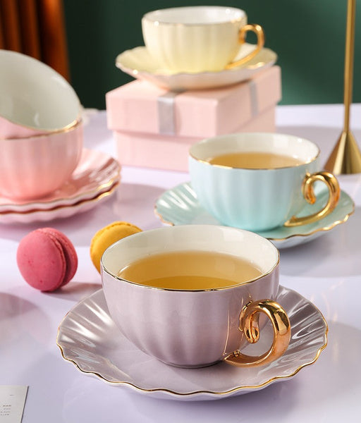 Elegant Macaroon Ceramic Coffee Cups, 6.8 oz Tea Cup and Saucer Set of 2 Cups in Gift Box as Birthday Gift, Beautiful British Tea Cups, Creative Porcelain Tea Cup Set-ArtWorkCrafts.com