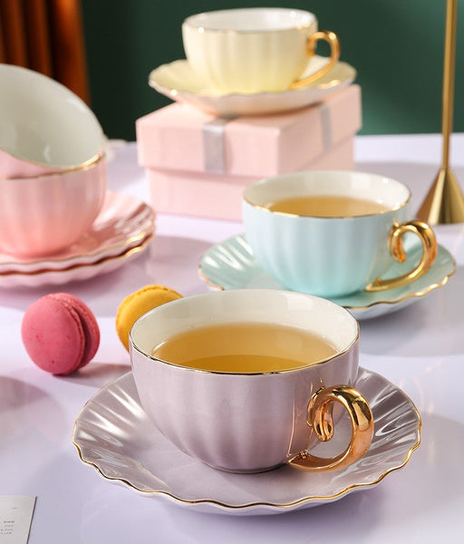 French Style Tea Cup and Saucer in Gift Box as Birthday Gift, Elegant Macaroon Ceramic Coffee Cups, Porcelain Tea Cup Saucer Set of 2 Cups, Beautiful British Tea Cups-ArtWorkCrafts.com