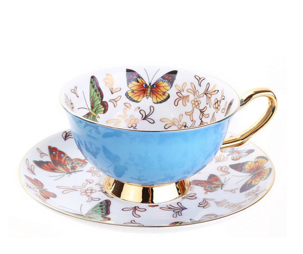 Unique Butterfly Coffee Cups and Saucers, Creative Butterfly Ceramic Coffee Cups, Beautiful British Tea Cups, Creative Bone China Porcelain Tea Cup Set-ArtWorkCrafts.com