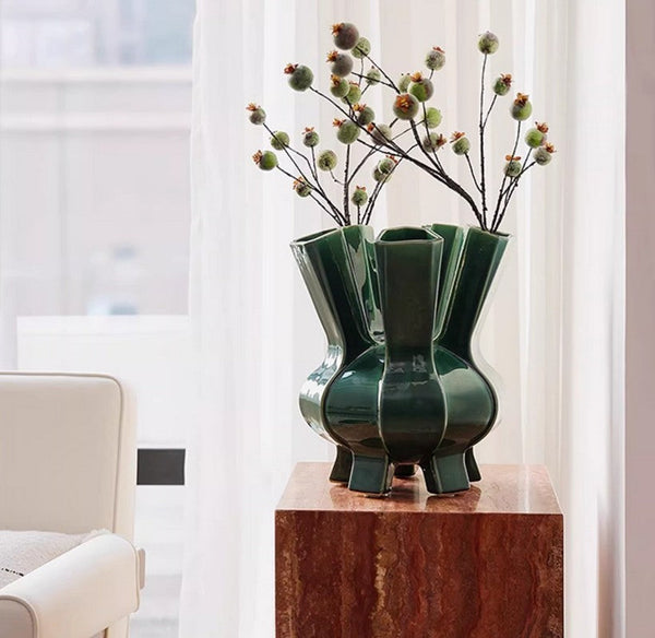 Unique Handmade Modern Flower Vase, Centerpiece Ceramic Bouquet Vases, Contemporary Vases on Dining Table, Green Porcelain Vases for Modern Home Decor-ArtWorkCrafts.com